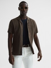 Reiss Bitter Chocolate Rufus Linen Cuban Collar Shirt - Image 6 of 6