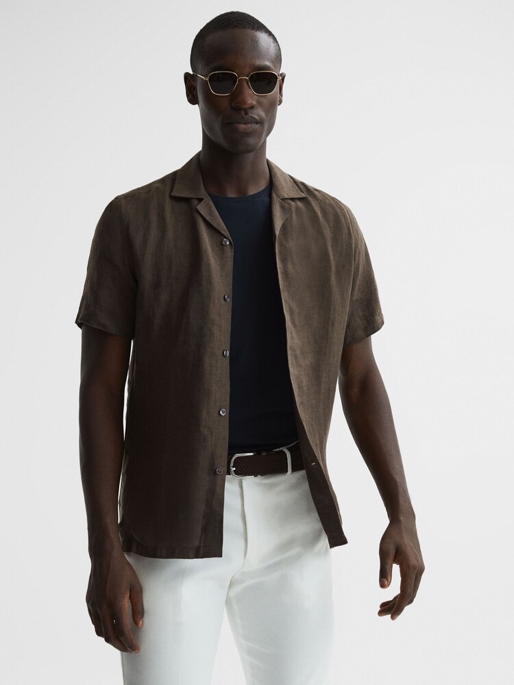 Reiss Bitter Chocolate Rufus Linen Cuban Collar Shirt - Image 6 of 6