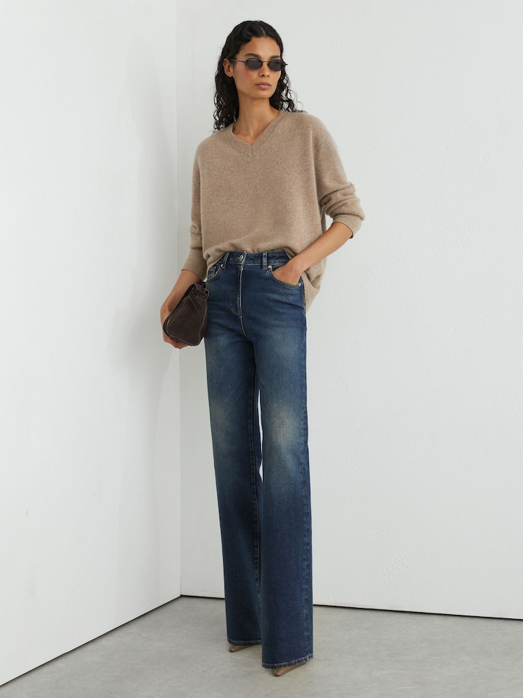 Reiss Mid Blue Andi Petite High-Rise Bootcut Jeans - Image 1 of 8 Reiss Mid Blue Andi Petite High-Rise Bootcut Jeans - Image 1 of 8