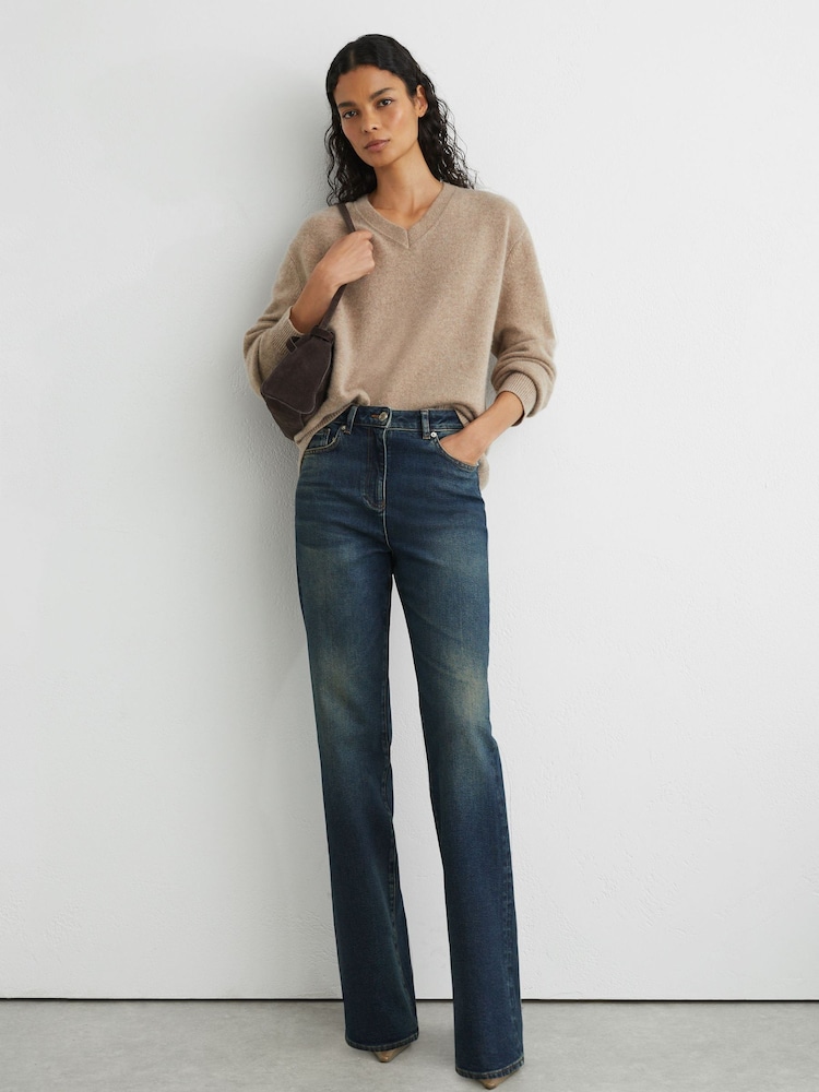 Reiss Mid Blue Andi High-Rise Bootcut Jeans - Image 1 of 8 Reiss Mid Blue Andi High-Rise Bootcut Jeans - Image 1 of 8