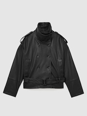 Reiss Black Amelie Leather Belted Double-Breasted Jacket - Image 2 of 9