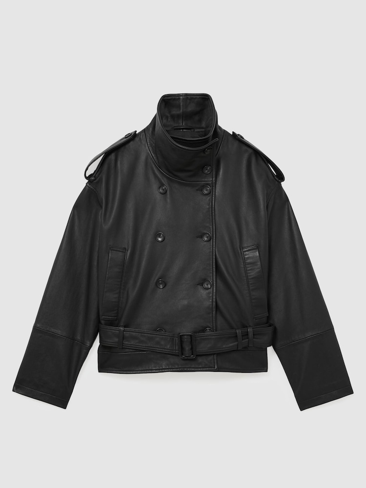 Reiss Black Amelie Leather Belted Double-Breasted Jacket - Image 2 of 9