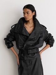 Reiss Black Amelie Leather Belted Double-Breasted Jacket - Image 3 of 9