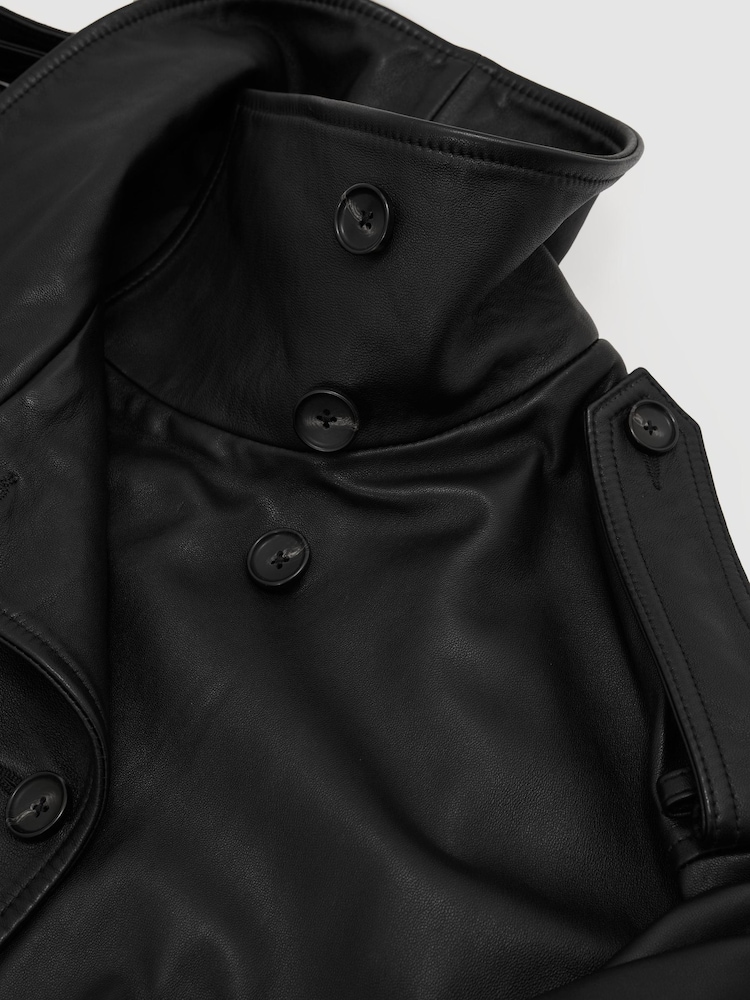 Reiss Black Amelie Leather Belted Double-Breasted Jacket - Image 9 of 9