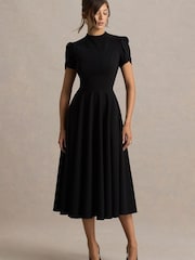 Club L London Black Vicky | High Neck Midi Dress With Puff Sleeves - Image 1 of 5