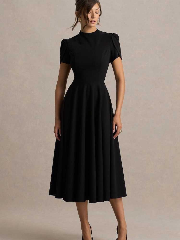 Club L London Black Vicky | High Neck Midi Dress With Puff Sleeves - Image 1 of 5 Club L London Black Vicky | High Neck Midi Dress With Puff Sleeves - Image 1 of 5