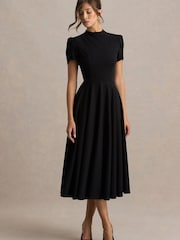 Club L London Black Vicky | High Neck Midi Dress With Puff Sleeves - Image 3 of 5