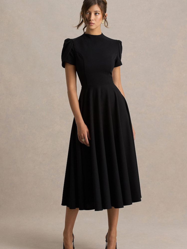 Club L London Black Vicky | High Neck Midi Dress With Puff Sleeves - Image 5 of 5 Club L London Black Vicky | High Neck Midi Dress With Puff Sleeves - Image 5 of 5