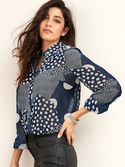 Navy Blue/Cream Spot Print Long Sleeve Sheer Shirt - Image 1 of 5
