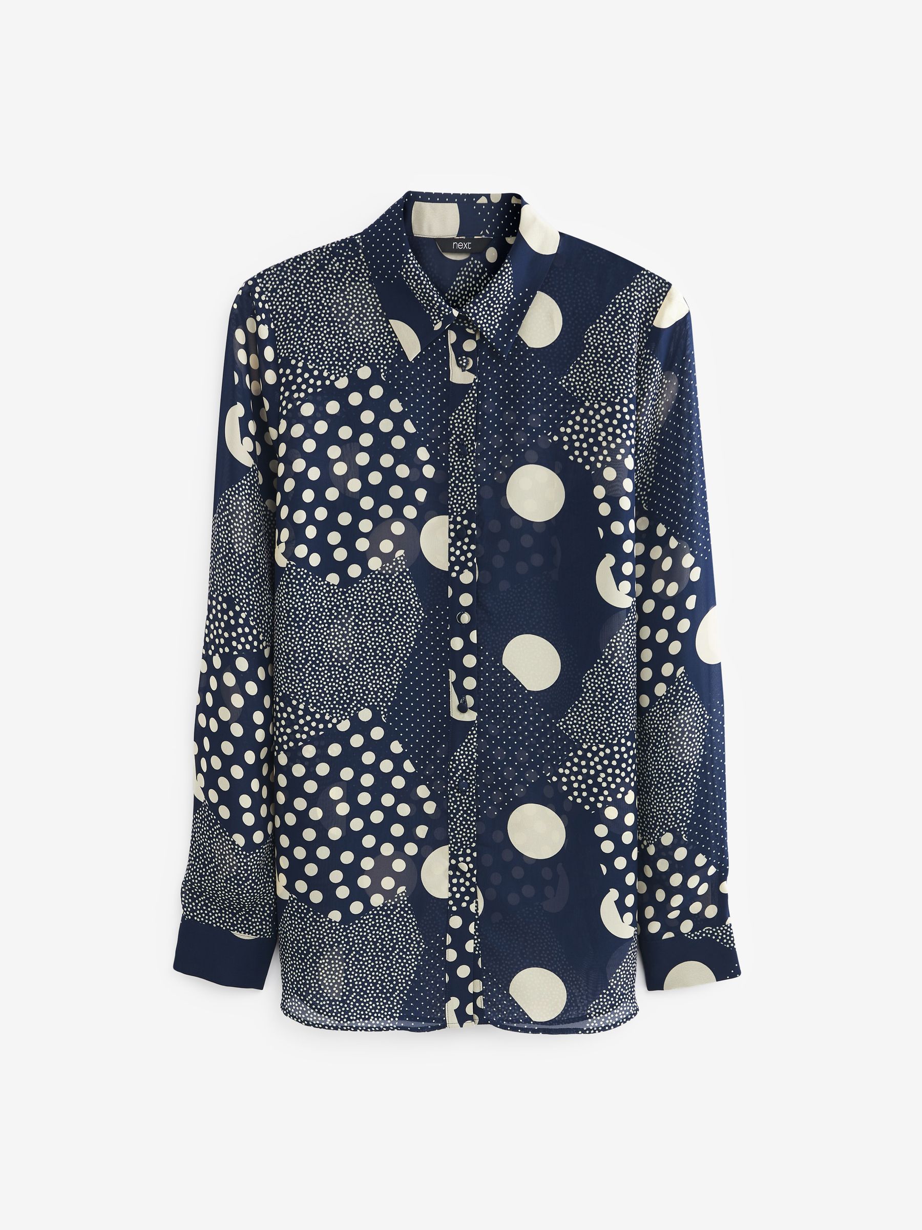 Navy Blue/Cream Spot Print Long Sleeve Sheer Shirt - Image 5 of 5
