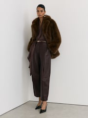 Reiss Burgundy Aries Petite Leather Barrel-Leg Pleated Trousers - Image 1 of 8