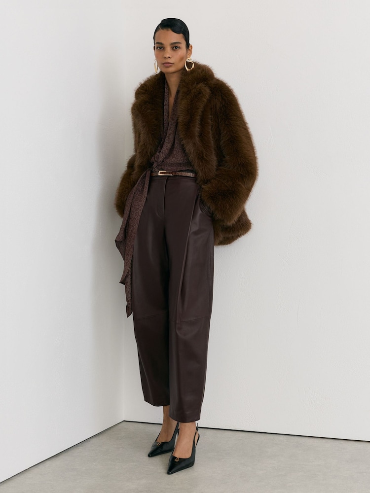 Reiss Burgundy Aries Petite Leather Barrel-Leg Pleated Trousers - Image 1 of 8 Reiss Burgundy Aries Petite Leather Barrel-Leg Pleated Trousers - Image 1 of 8