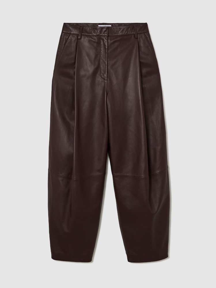 Reiss Burgundy Aries Petite Leather Barrel-Leg Pleated Trousers - Image 2 of 8 Reiss Burgundy Aries Petite Leather Barrel-Leg Pleated Trousers - Image 2 of 8