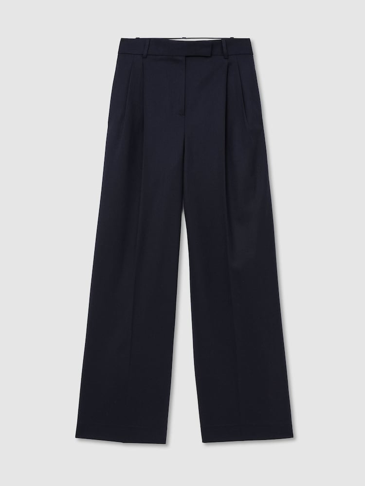 Reiss Navy Luna Petite Wool-Blend Wide-Leg Pleated Trousers - Image 2 of 8 Reiss Navy Luna Petite Wool-Blend Wide-Leg Pleated Trousers - Image 2 of 8