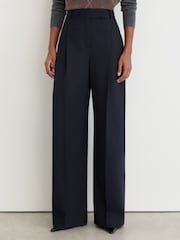 Reiss Navy Luna Petite Wool-Blend Wide-Leg Pleated Trousers - Image 3 of 8