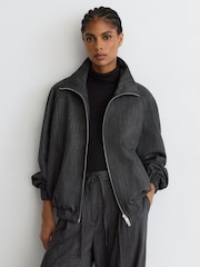 Reiss Charcoal Grey Derby Wool-Blend Herringbone Bomber Jacket - Image 4 of 8