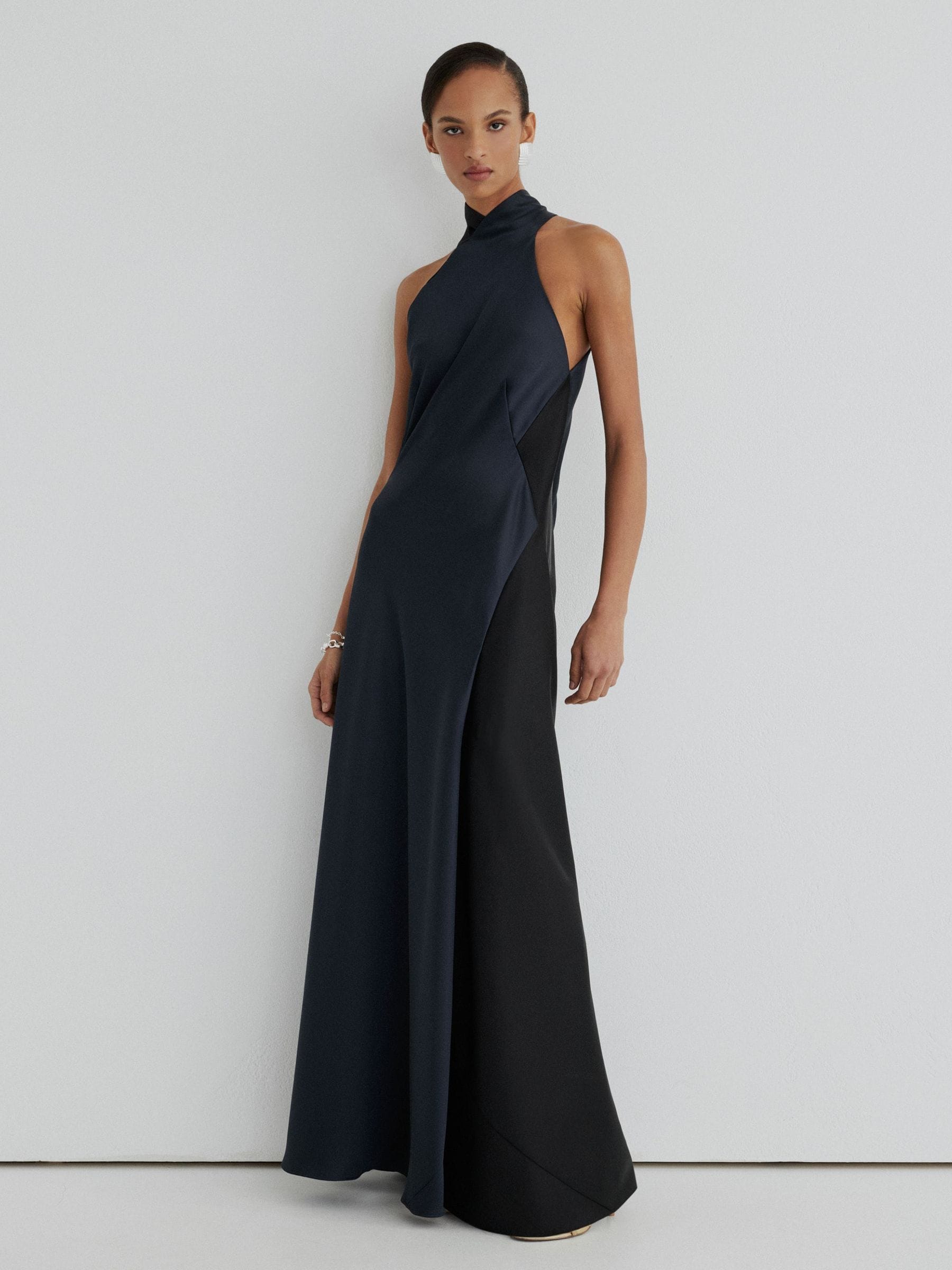 Atelier Satin High-neck Open-back Maxi Dress In Black