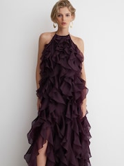 Reiss Grape Burgundy Kiera Atelier Silk-Organza Ruffle Maxi Dress - Image 1 of 6