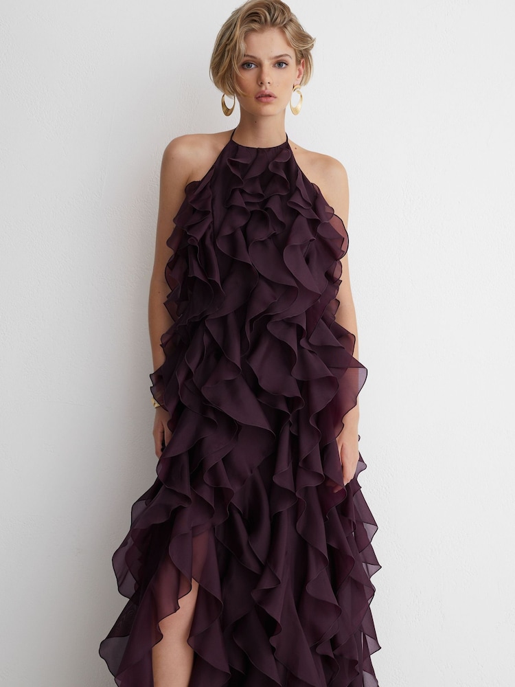 Reiss Grape Burgundy Kiera Atelier Silk-Organza Ruffle Maxi Dress - Image 1 of 6