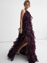 Reiss Grape Burgundy Kiera Atelier Silk-Organza Ruffle Maxi Dress - Image 3 of 6