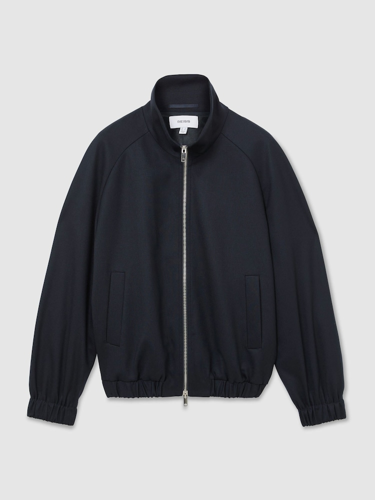 Reiss Navy Solene Petite Wool-Blend Dual-Zip Bomber Jacket - Image 2 of 7 Reiss Navy Solene Petite Wool-Blend Dual-Zip Bomber Jacket - Image 2 of 7