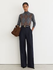Reiss Navy Luna Wool-Blend Wide-Leg Pleated Trousers - Image 1 of 7