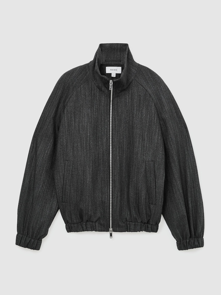 Reiss Charcoal Grey Derby Petite Wool-Blend Herringbone Bomber Jacket - Image 2 of 8 Reiss Charcoal Grey Derby Petite Wool-Blend Herringbone Bomber Jacket - Image 2 of 8