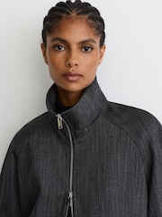 Reiss Charcoal Grey Derby Petite Wool-Blend Herringbone Bomber Jacket - Image 5 of 8