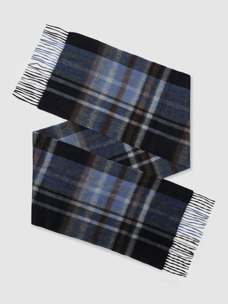 Reiss Navy Hearth Wool-Cashmere Contrast-Check Scarf - Image 2 of 4 Reiss Navy Hearth Wool-Cashmere Contrast-Check Scarf - Image 2 of 4