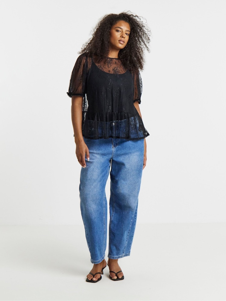 Simply Be Black Lace Peplum Top - Image 1 of 4 Simply Be Black Lace Peplum Top - Image 1 of 4