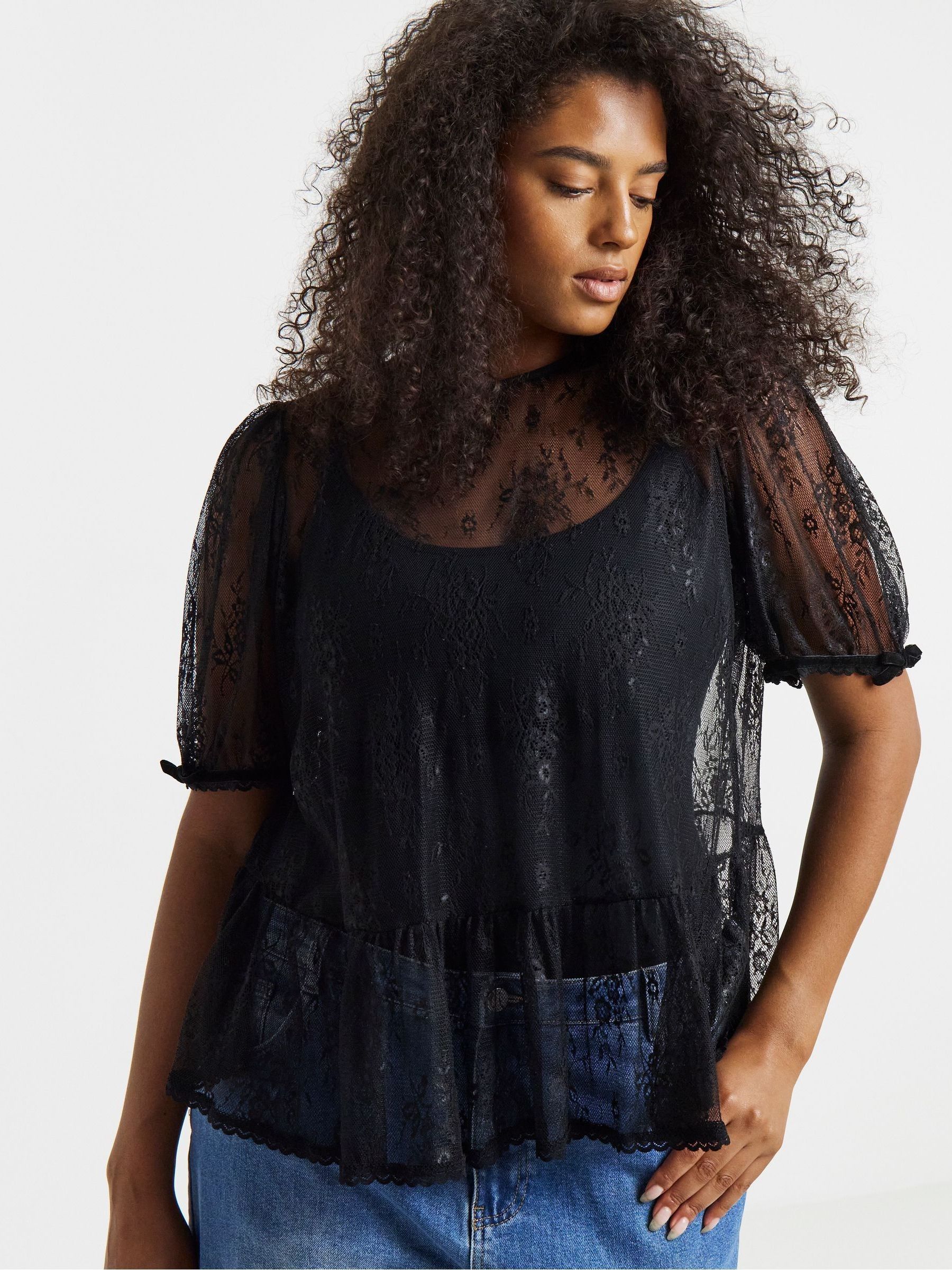 Buy Simply Be Black Lace Peplum Top from Next USA