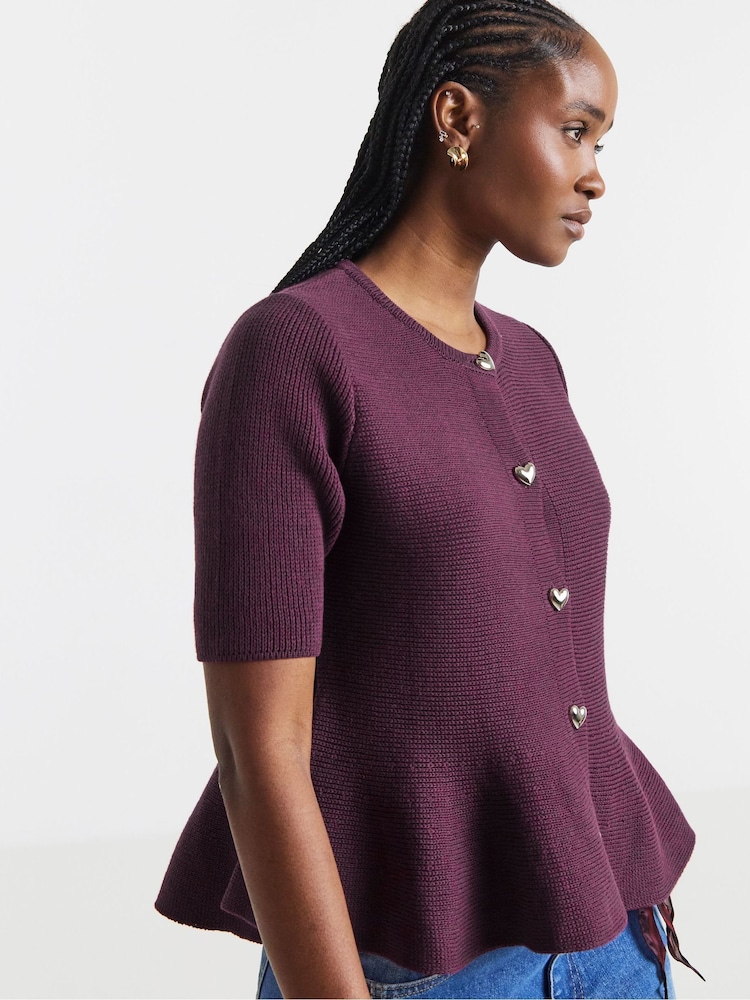 Simply Be Purple Short Sleeve Peplum Cardigan - Image 1 of 4 Simply Be Purple Short Sleeve Peplum Cardigan - Image 1 of 4