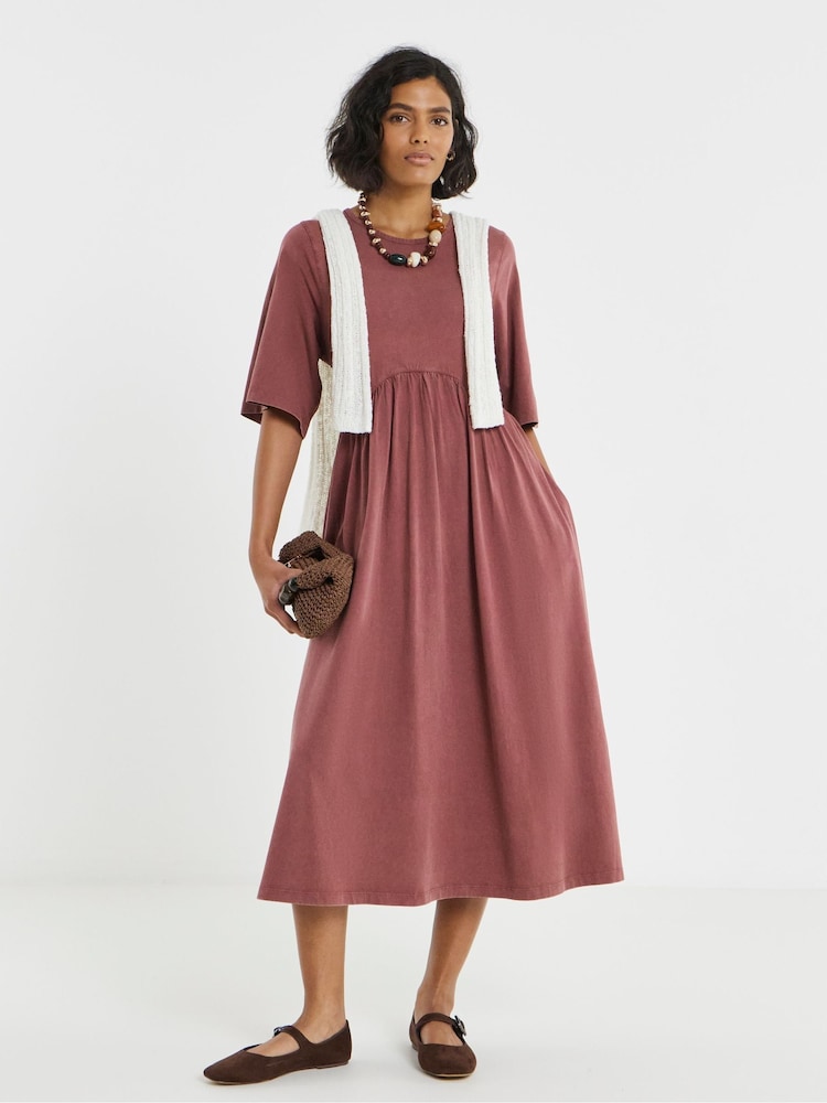 Simply Be Burgundy Red Acid Wash Waist Detail Midi Dress - Image 1 of 4