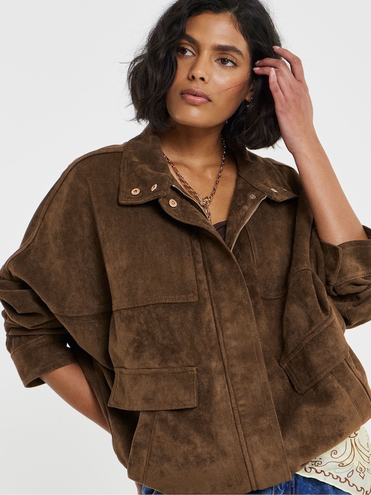 Simply Be Brown Funnel Neck Bat Wing Suedette Jacket - Image 1 of 4 Simply Be Brown Funnel Neck Bat Wing Suedette Jacket - Image 1 of 4