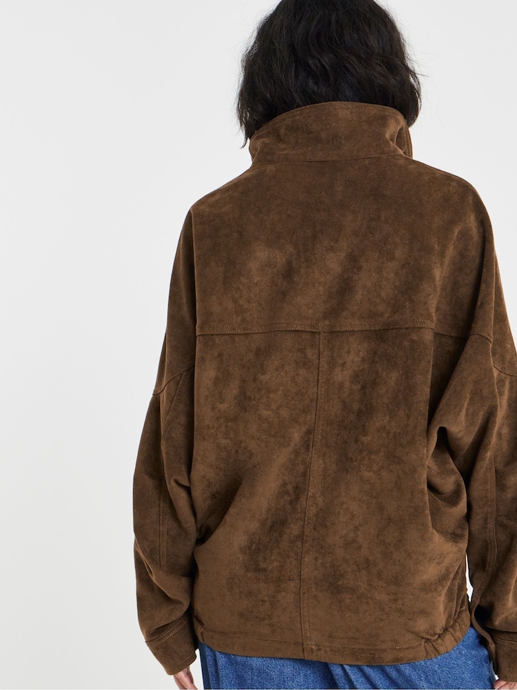 Simply Be Brown Funnel Neck Bat Wing Suedette Jacket - Image 2 of 4 Simply Be Brown Funnel Neck Bat Wing Suedette Jacket - Image 2 of 4
