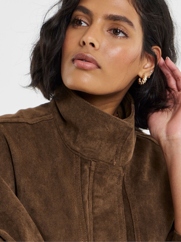 Simply Be Brown Funnel Neck Bat Wing Suedette Jacket - Image 4 of 4 Simply Be Brown Funnel Neck Bat Wing Suedette Jacket - Image 4 of 4