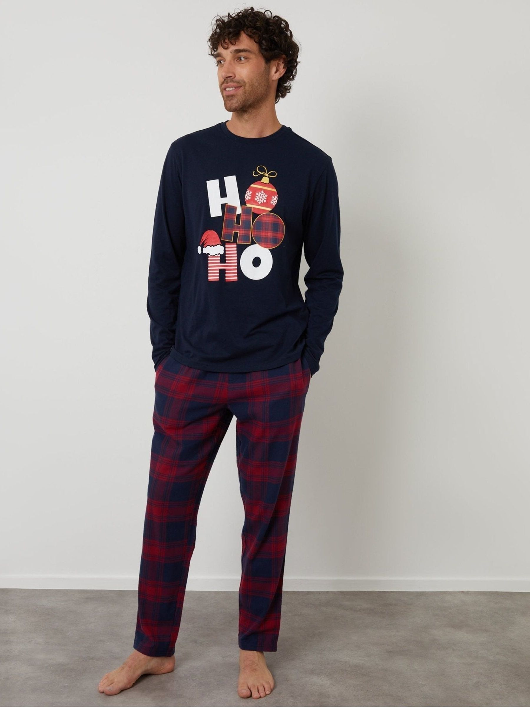Threadbare Men's Navy Long Check Christmas Pyjama Set In | Size: 2XL - Image 2
