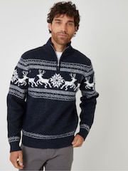 Threadbare Blue Fairisle Knitted Quarter Zip Christmas Jumper - Image 1 of 4