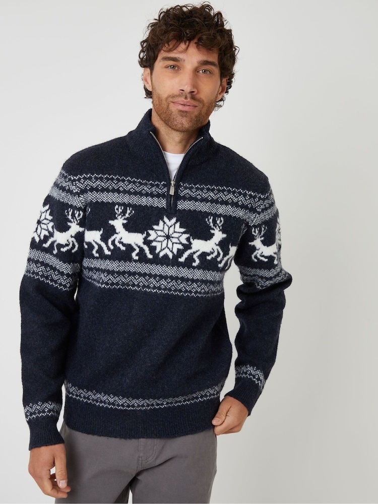 Threadbare Blue Fairisle Knitted Quarter Zip Christmas Jumper - Image 1 of 4 Threadbare Blue Fairisle Knitted Quarter Zip Christmas Jumper - Image 1 of 4