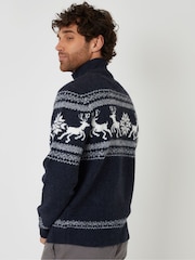 Threadbare Blue Fairisle Knitted Quarter Zip Christmas Jumper - Image 2 of 4