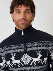 Threadbare Blue Fairisle Knitted Quarter Zip Christmas Jumper - Image 4 of 4