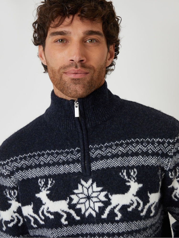Threadbare Blue Fairisle Knitted Quarter Zip Christmas Jumper - Image 4 of 4 Threadbare Blue Fairisle Knitted Quarter Zip Christmas Jumper - Image 4 of 4
