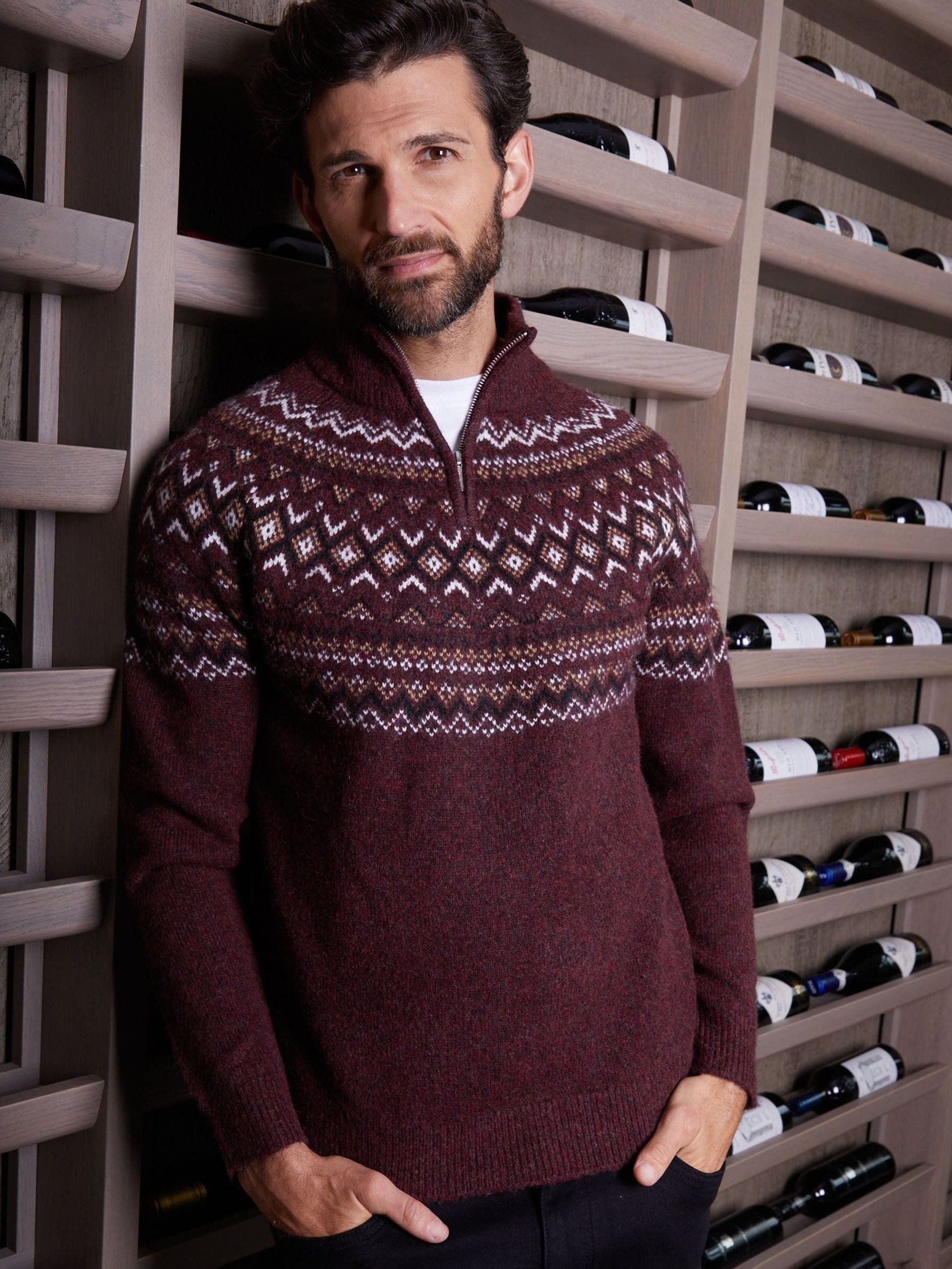 Threadbare Men's Burgundy Fairisle Quarter Zip Knitted Jumper In - Image 2