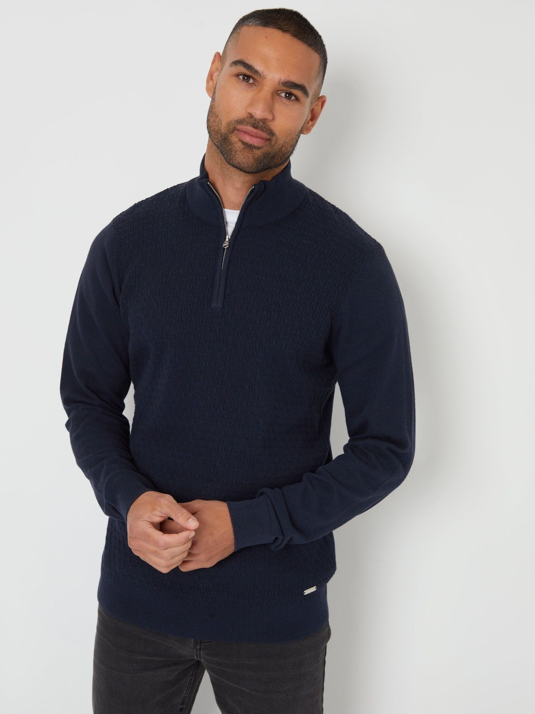Threadbare Men's Blue Mini Cable Knit Quarter Zip Jumper