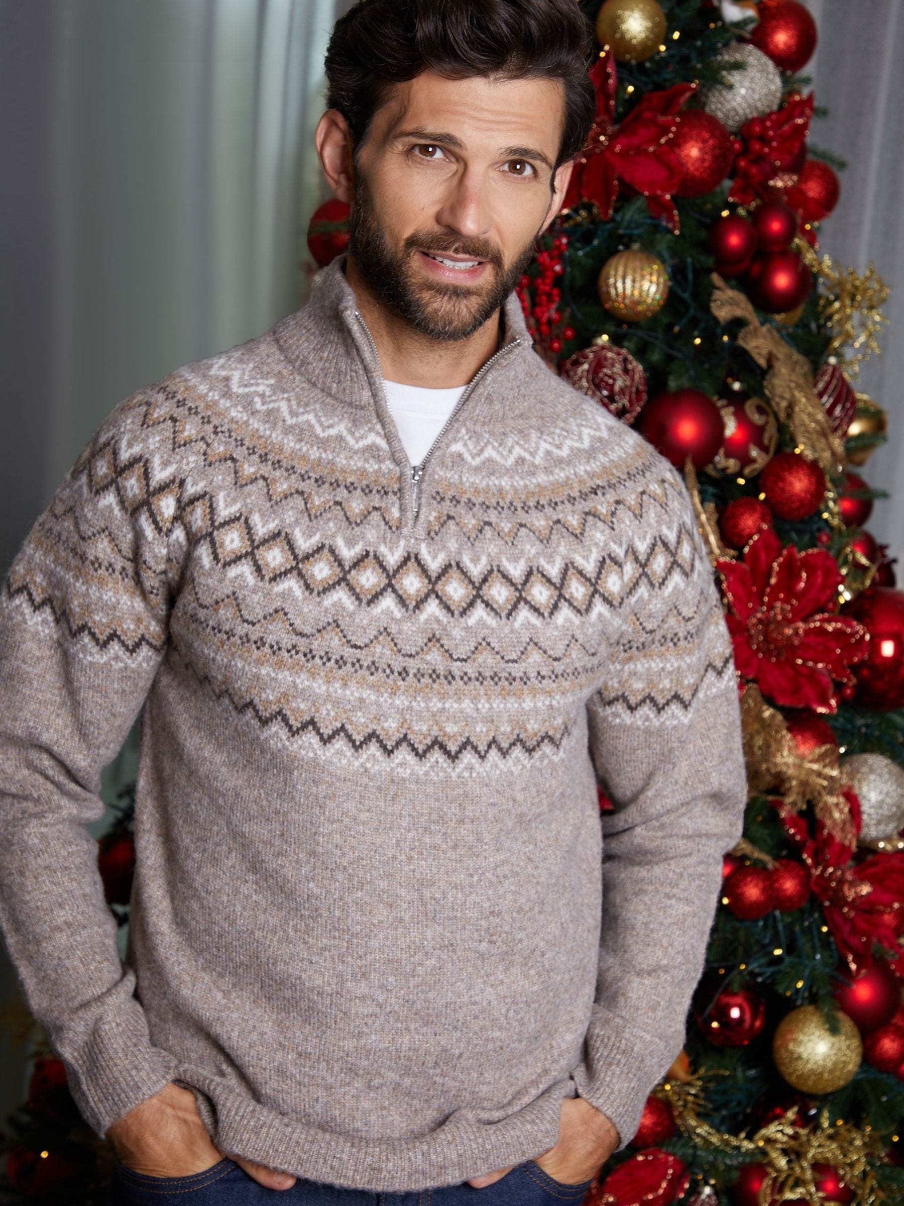 Threadbare Taupe Fairisle Quarter Zip Knitted Jumper In - Image 3