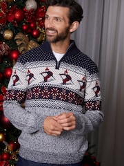 Threadbare Blue Ski Fairisle Cable Knit Quarter Zip Jumper - Image 1 of 5