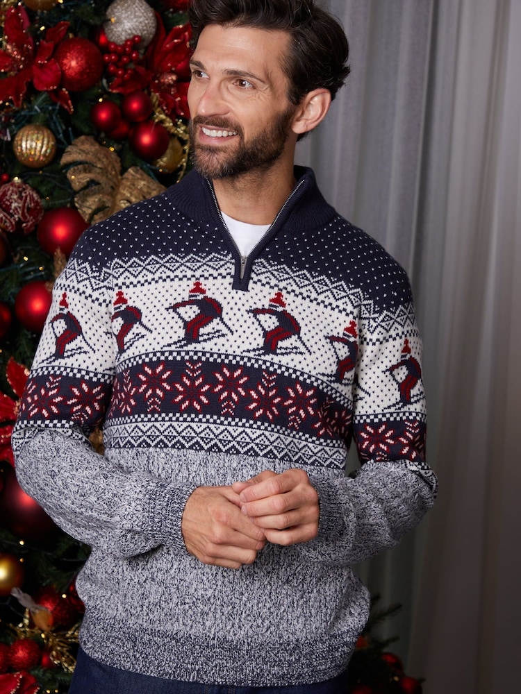 Threadbare Blue Ski Fairisle Cable Knit Quarter Zip Jumper - Image 1 of 5 Threadbare Blue Ski Fairisle Cable Knit Quarter Zip Jumper - Image 1 of 5