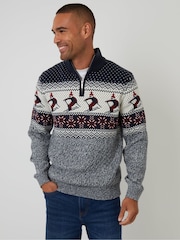 Threadbare Blue Ski Fairisle Cable Knit Quarter Zip Jumper - Image 2 of 5