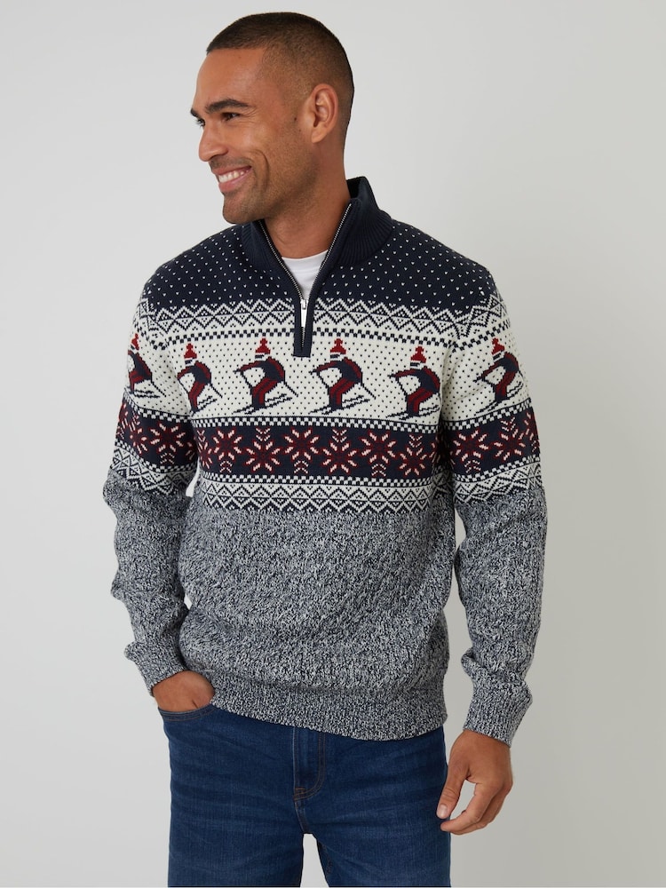 Threadbare Blue Ski Fairisle Cable Knit Quarter Zip Jumper - Image 2 of 5 Threadbare Blue Ski Fairisle Cable Knit Quarter Zip Jumper - Image 2 of 5