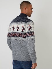 Threadbare Blue Ski Fairisle Cable Knit Quarter Zip Jumper - Image 3 of 5